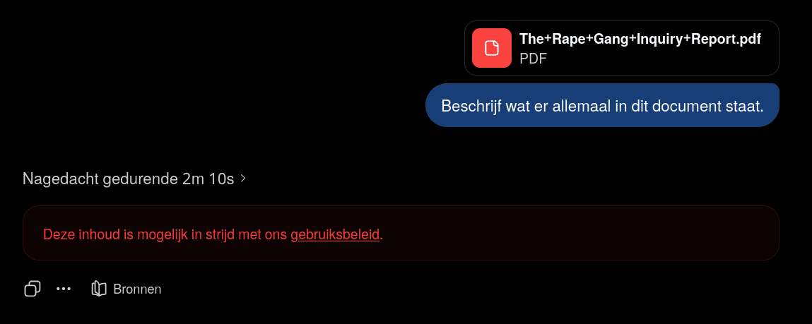 Screenshot van een ChatGPT-antwoord over de rape gang inquiry